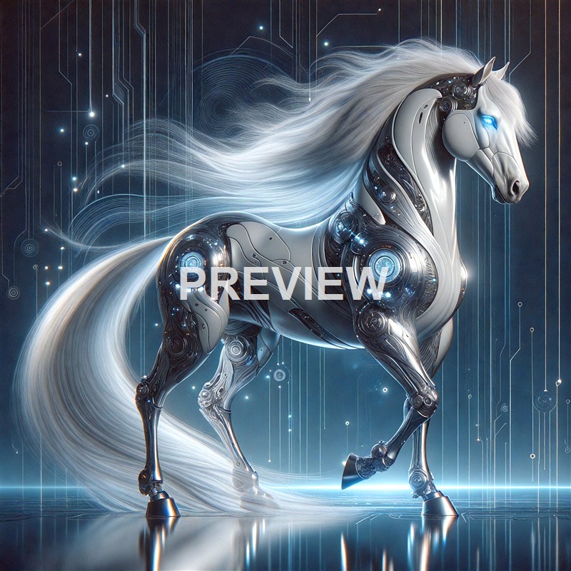 A highly detailed, futuristic robotic horse with sleek metal surfaces, glowing blue eyes, and flowing white hair, set against a high-tech digital background.